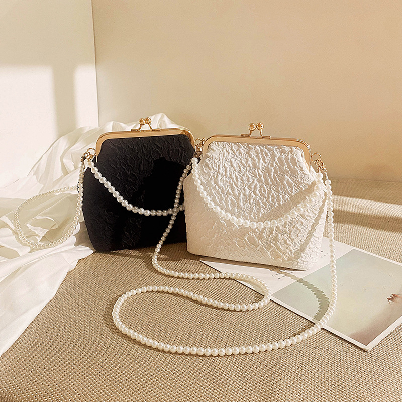 Black Elegant Vintage Kiss-Lock Purse with Pearl Straps - Textured Frame view 2