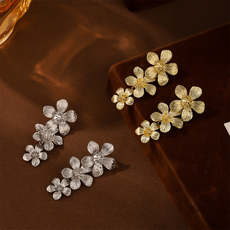 Sliver Textured Cascading Floral Statement Drop Earrings for Women view 3