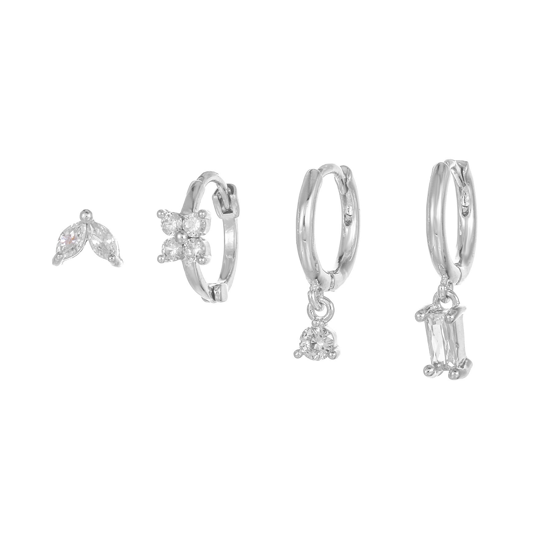 Four-piece set Silver Delicate CZ Earring Stacking Set - Huggie Hoops & Studs
