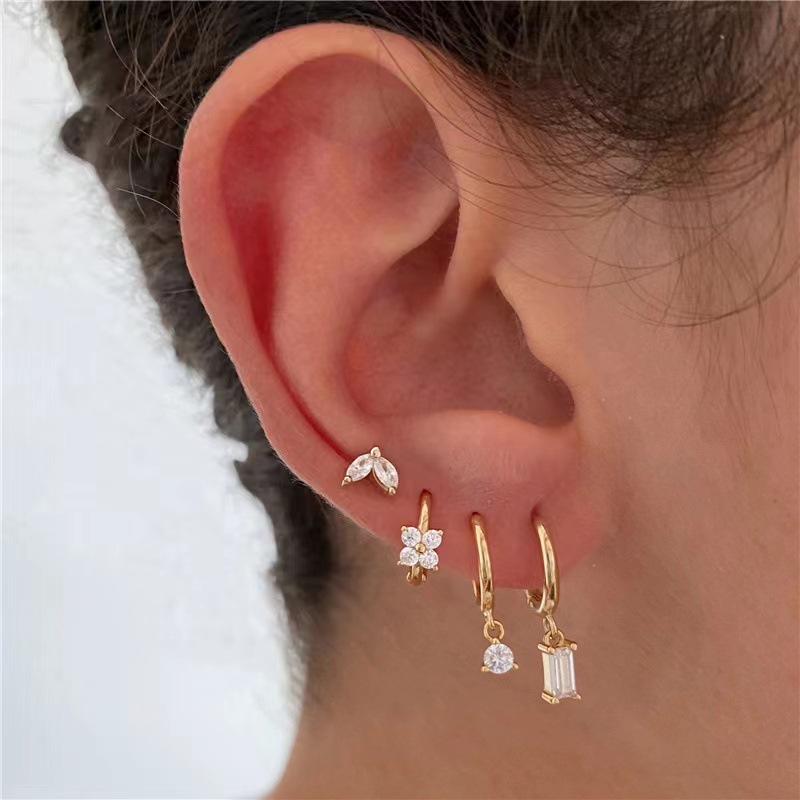Four-piece set Silver Delicate CZ Earring Stacking Set - Huggie Hoops & Studs view 2
