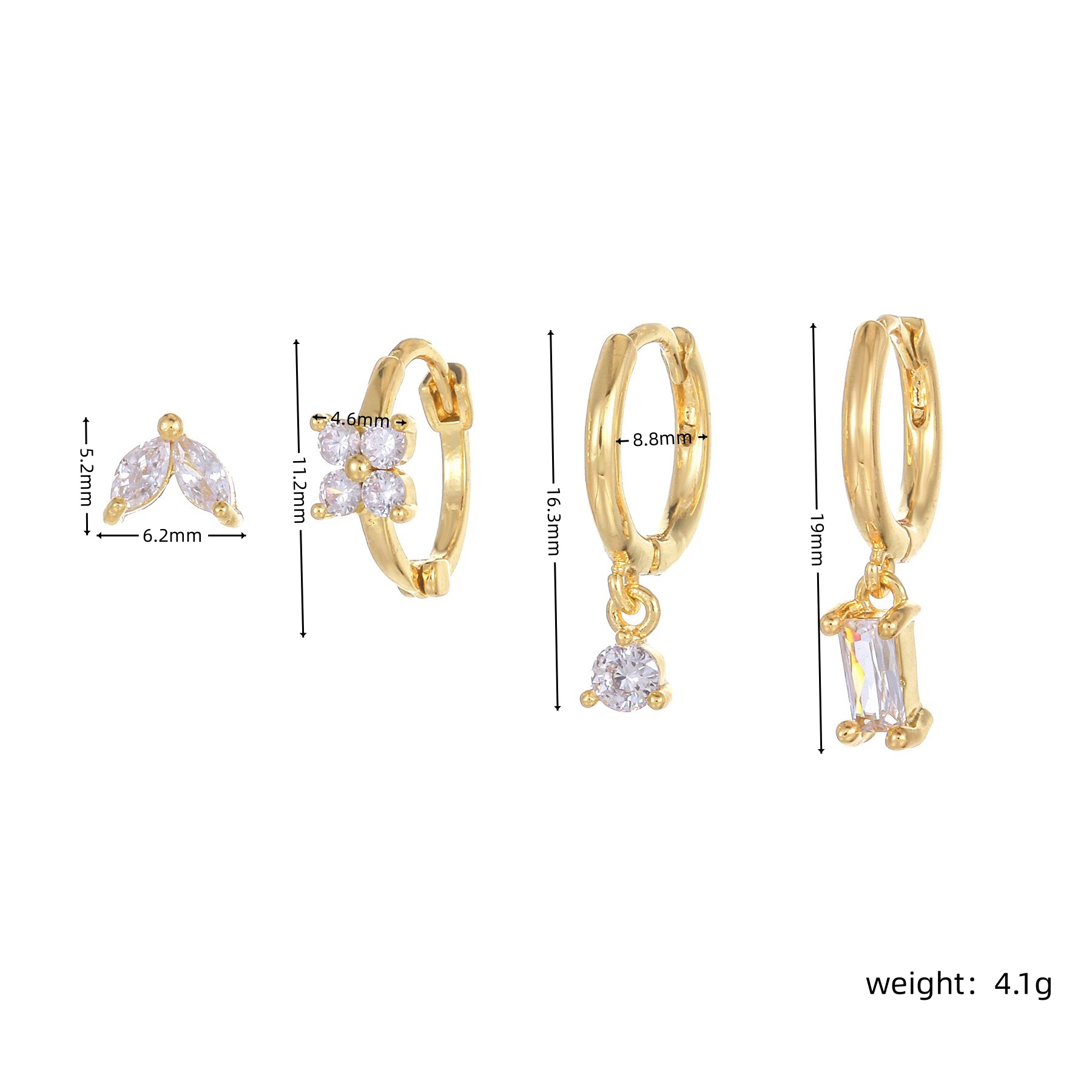 Four-piece set Silver Delicate CZ Earring Stacking Set - Huggie Hoops & Studs view 4