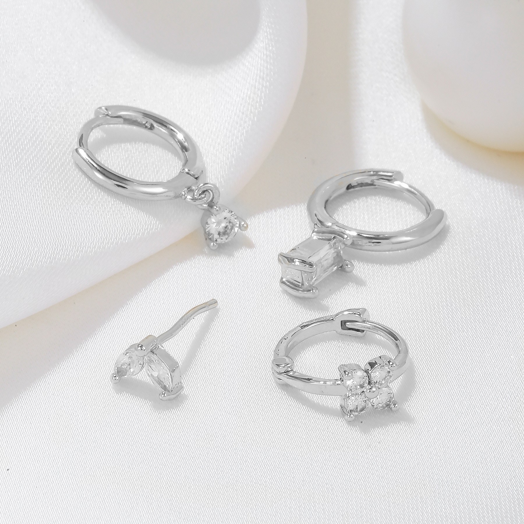 Three-piece set Gold Delicate CZ Earring Stacking Set - Huggie Hoops & Studs view 3
