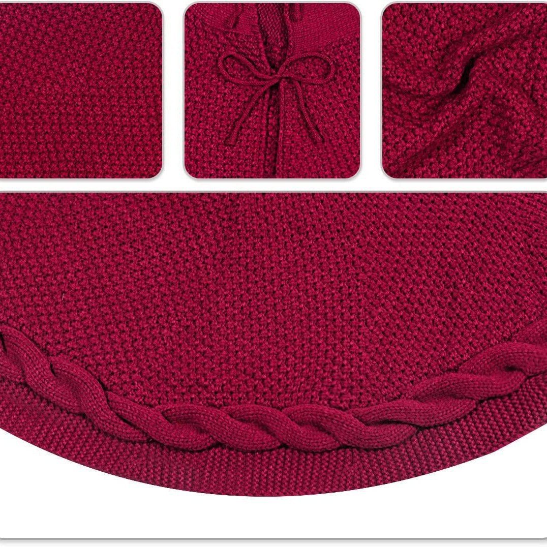 Red Luxury Knit Christmas Tree Skirt with Cable-Knit Border - Rustic Holiday view 3