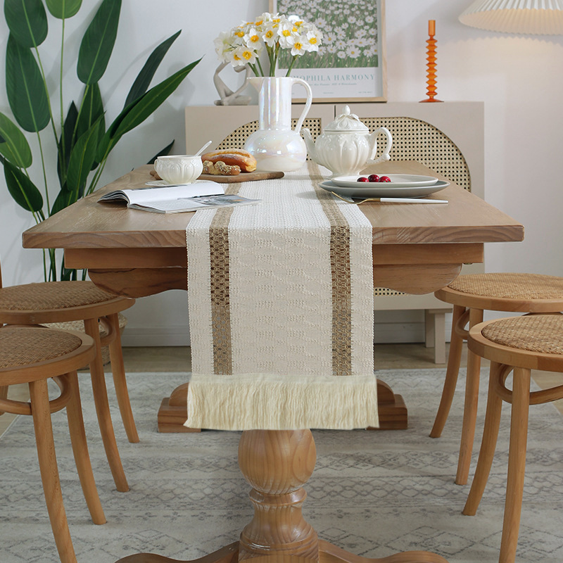 2-PCS Double bars Bohemian Woven Table Runner with Tassels - Rustic Farmhouse