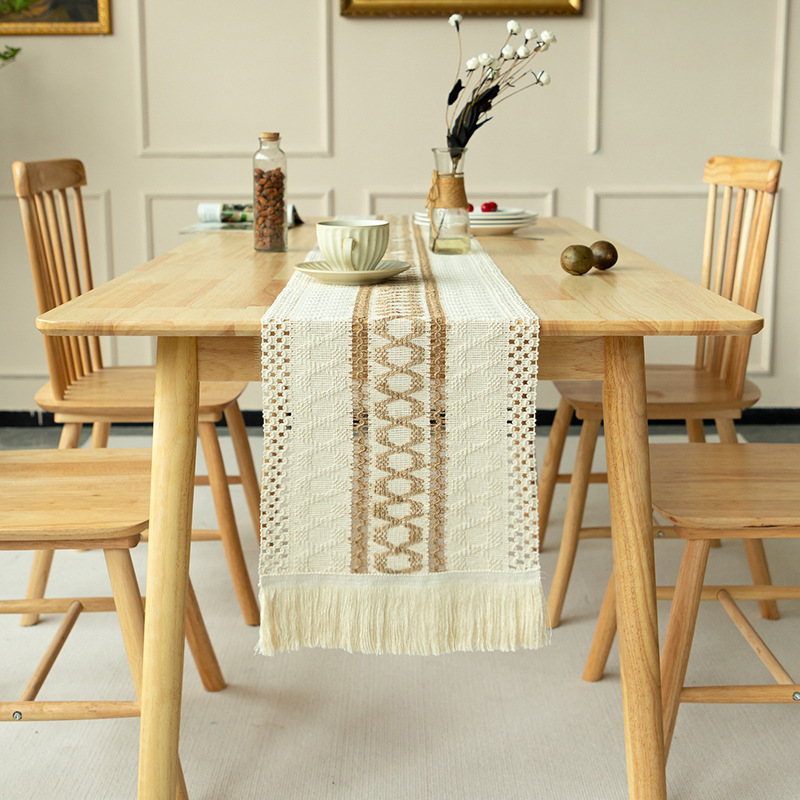 2-PCS Hexagon Bohemian Woven Table Runner with Tassels - Rustic Farmhouse