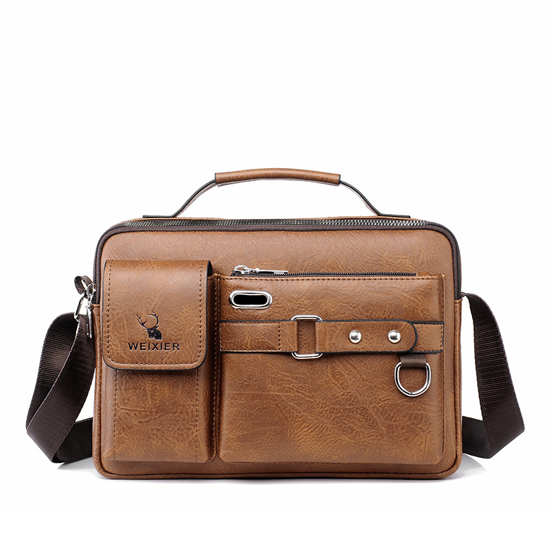 Plain light brown Men's Crossbody Shoulder Bag - Premium PU Leather Business &