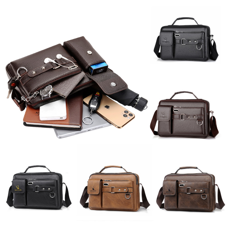 Plain dark brown Men's Crossbody Shoulder Bag - Premium PU Leather Business & view 2