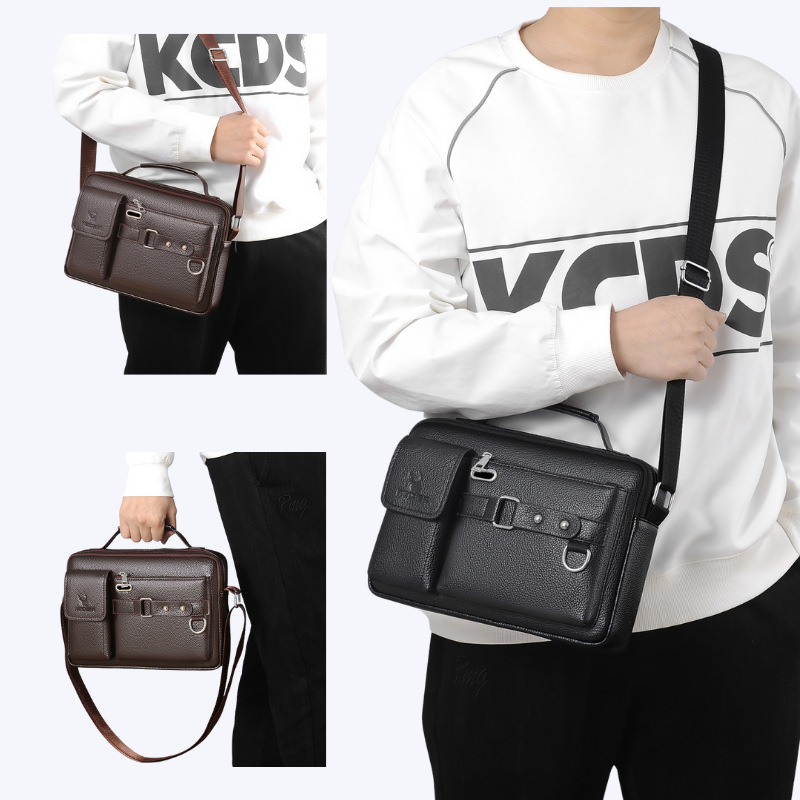 Plain dark brown Men's Crossbody Shoulder Bag - Premium PU Leather Business & view 4