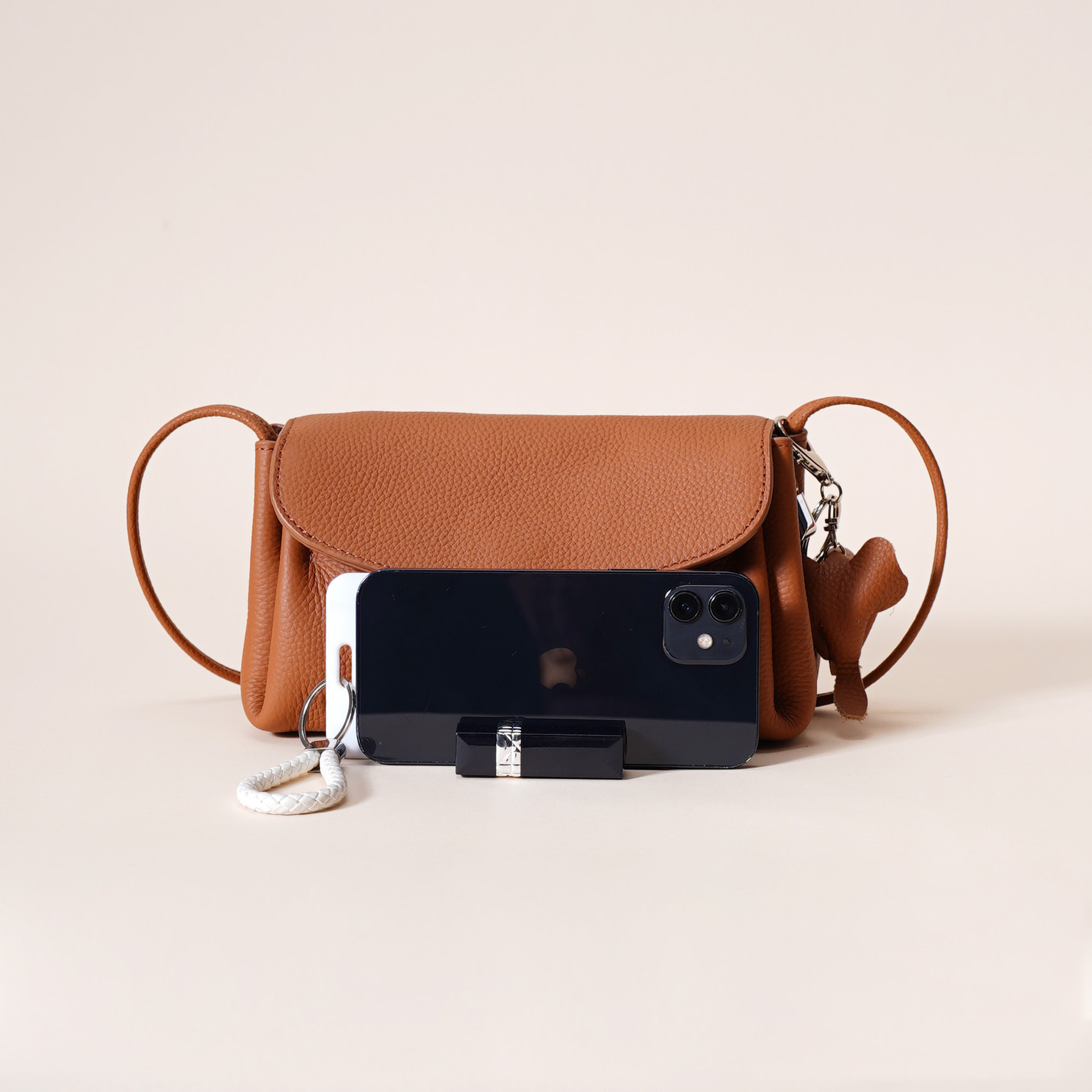 Genuine Leather Flap Crossbody Bag with Elephant Charm - Compact & Stylish view 3