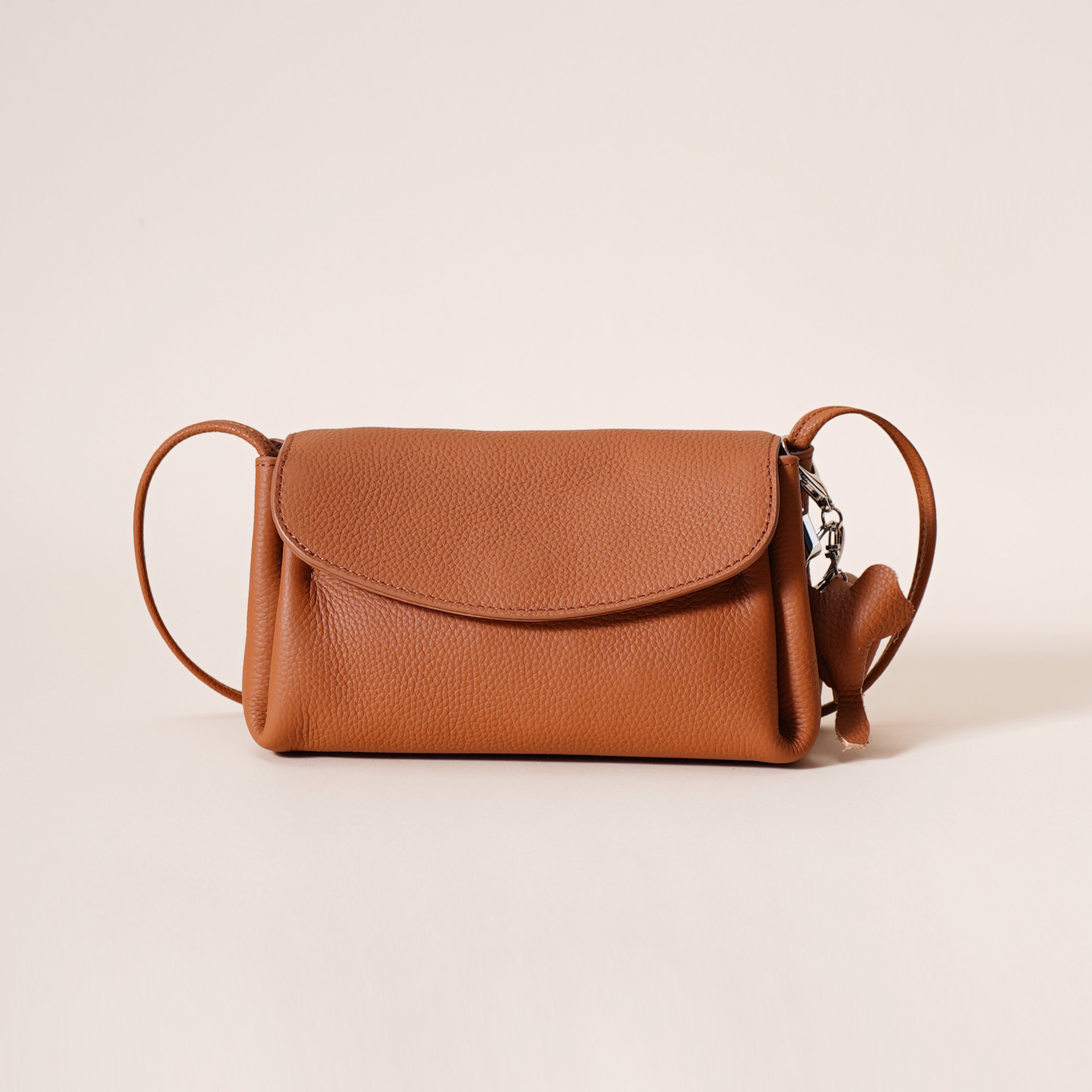 Genuine Leather Flap Crossbody Bag with Elephant Charm - Compact & Stylish