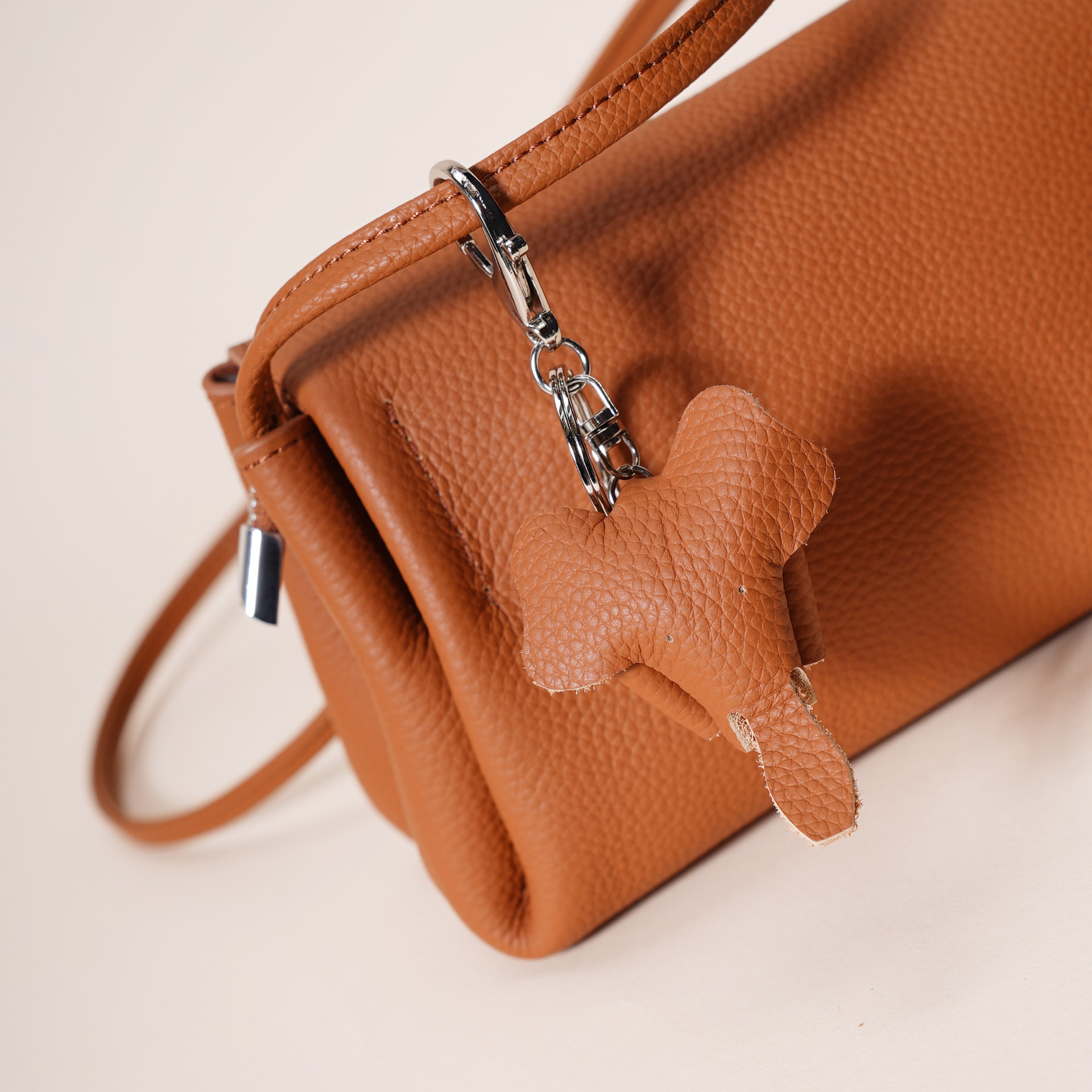 Genuine Leather Flap Crossbody Bag with Elephant Charm - Compact & Stylish view 7