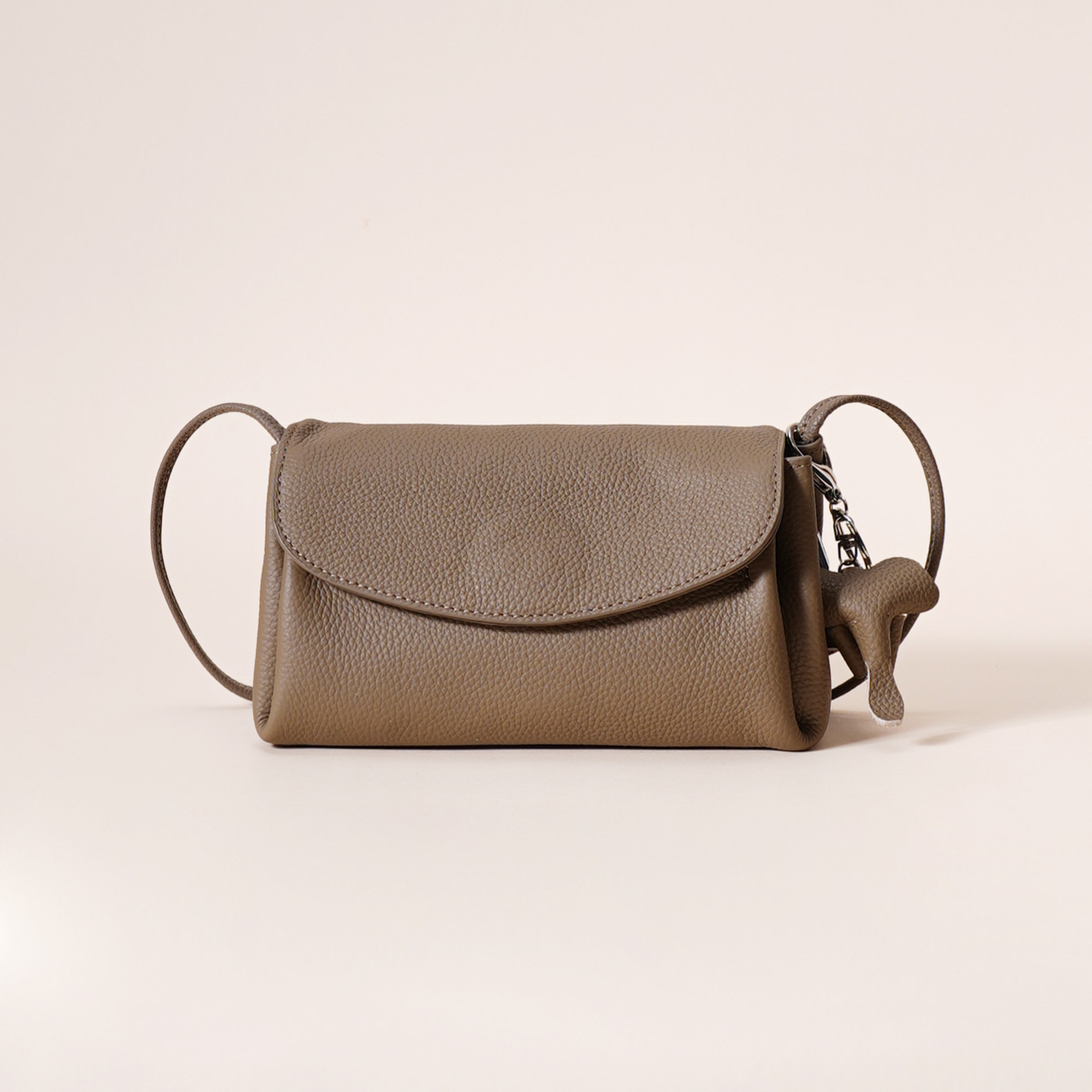 Genuine Leather Flap Crossbody Bag with Elephant Charm - Compact & Stylish