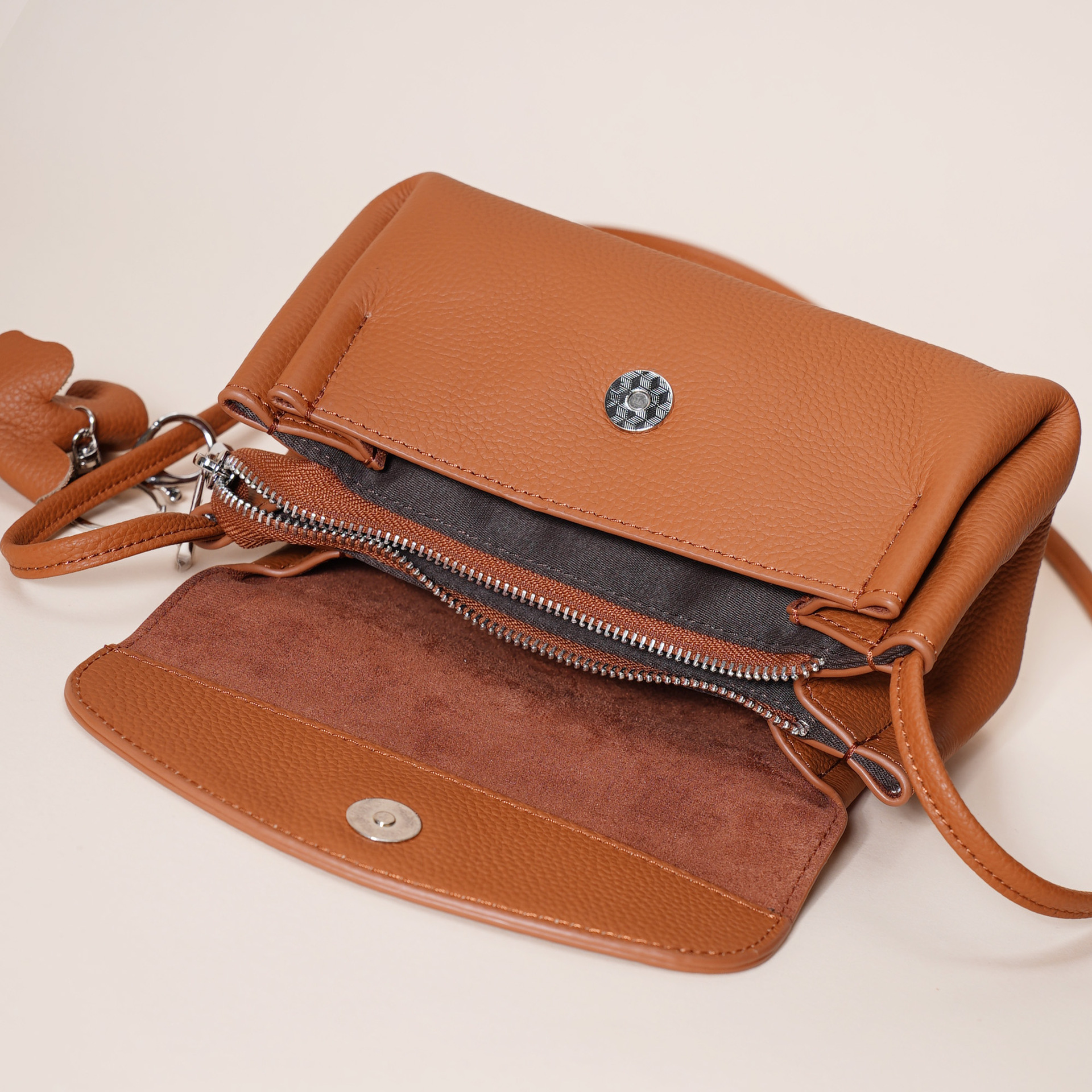 Genuine Leather Flap Crossbody Bag with Elephant Charm - Compact & Stylish view 8