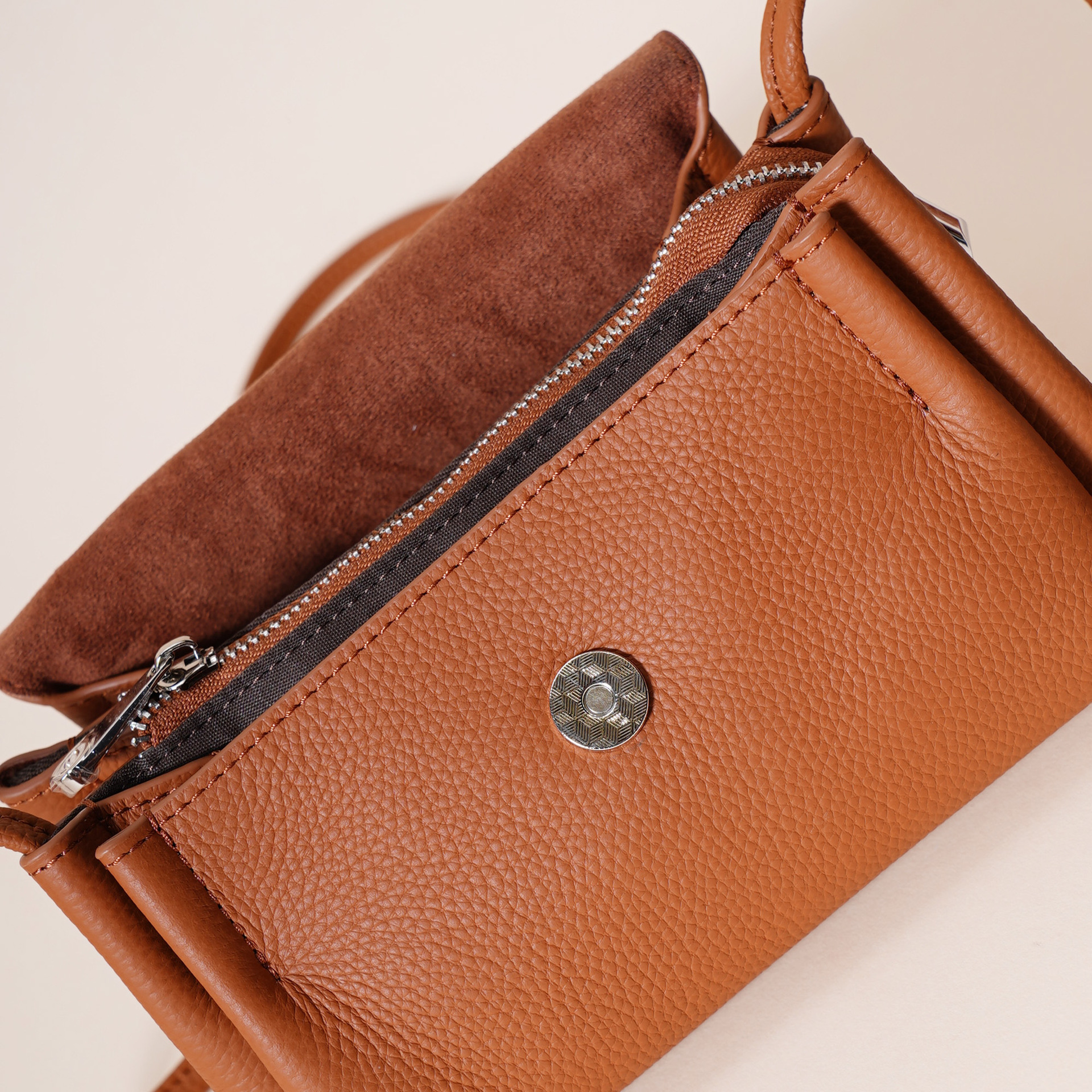 Genuine Leather Flap Crossbody Bag with Elephant Charm - Compact & Stylish view 4