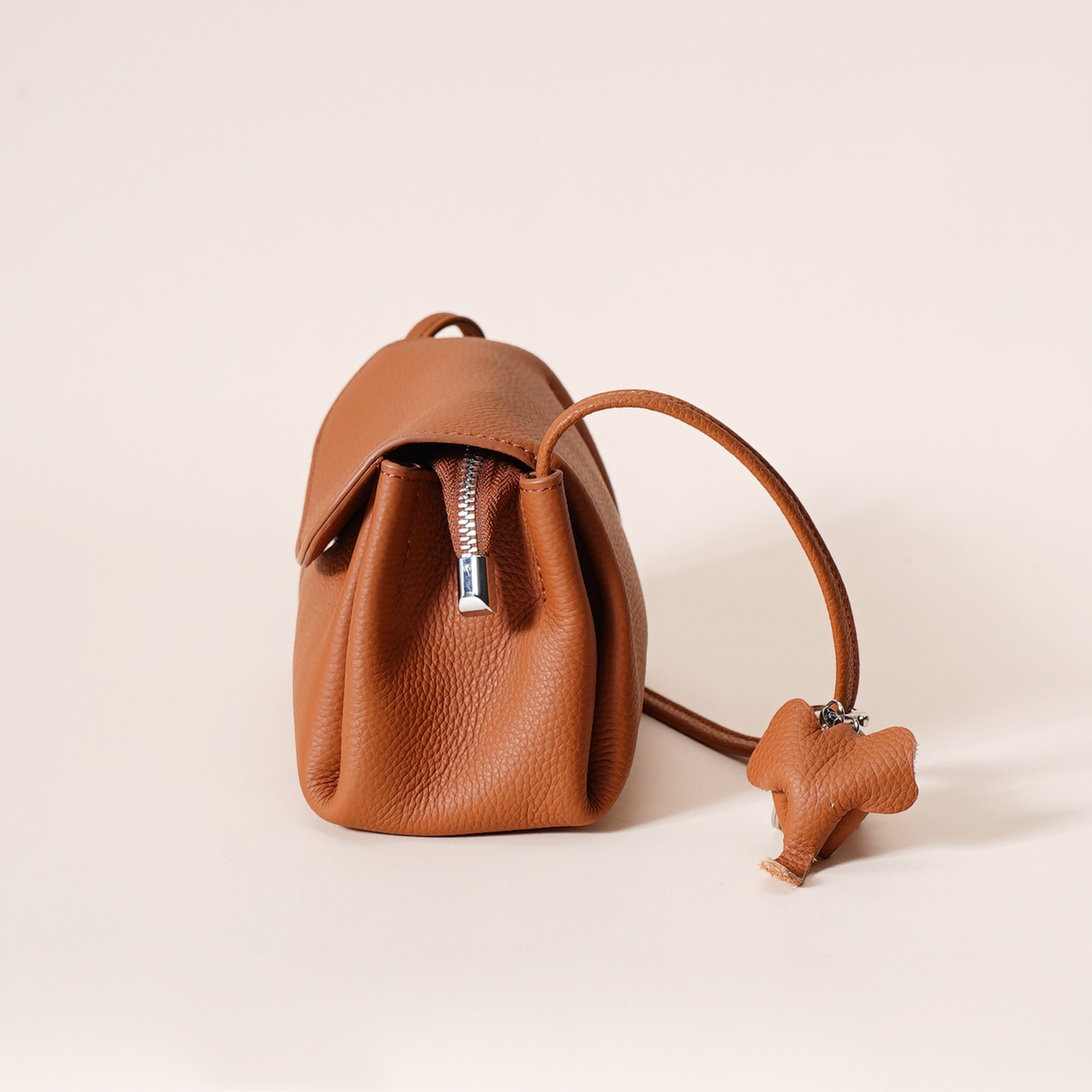 Genuine Leather Flap Crossbody Bag with Elephant Charm - Compact & Stylish view 5