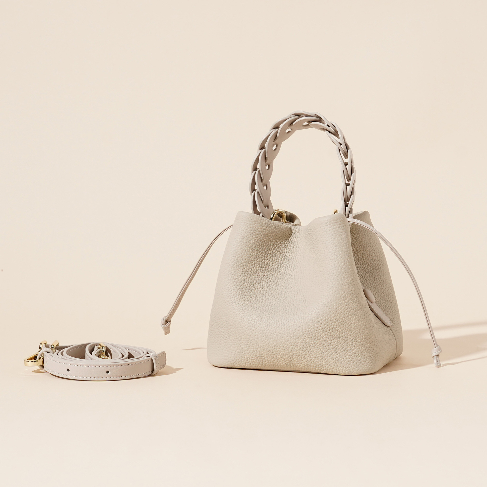 Genuine Leather Mini Bucket Bag with Braided Handle - Chic Drawstring