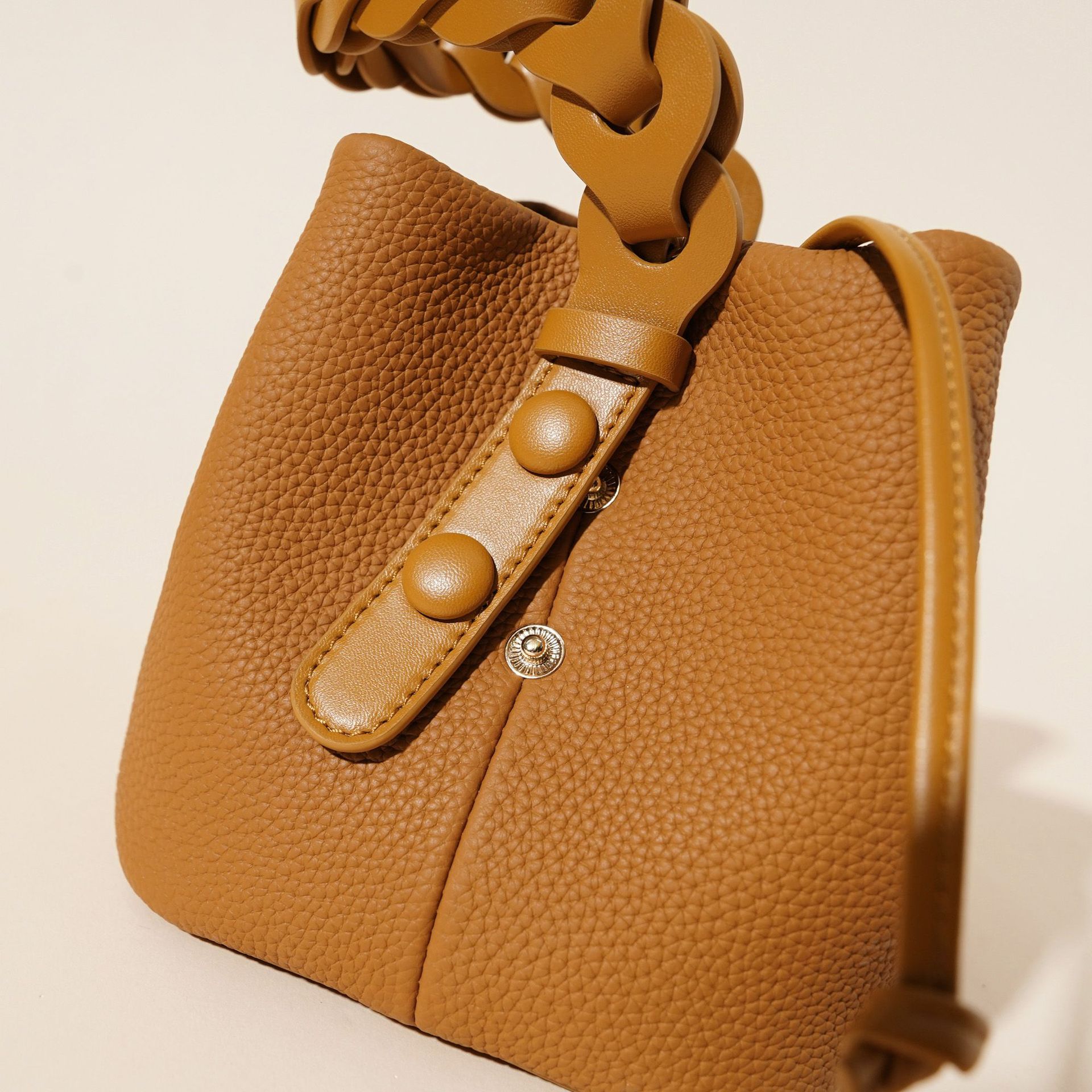 Genuine Leather Mini Bucket Bag with Braided Handle - Chic Drawstring view 3