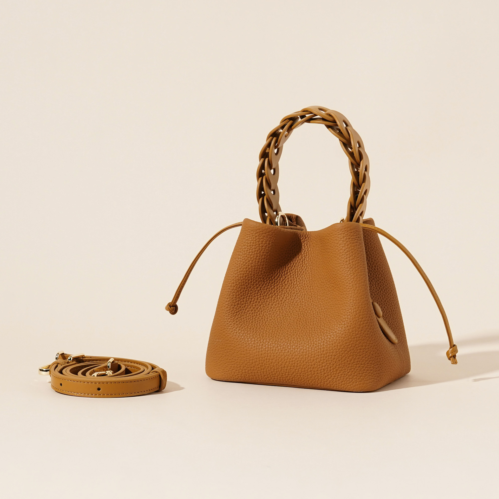 Genuine Leather Mini Bucket Bag with Braided Handle - Chic Drawstring