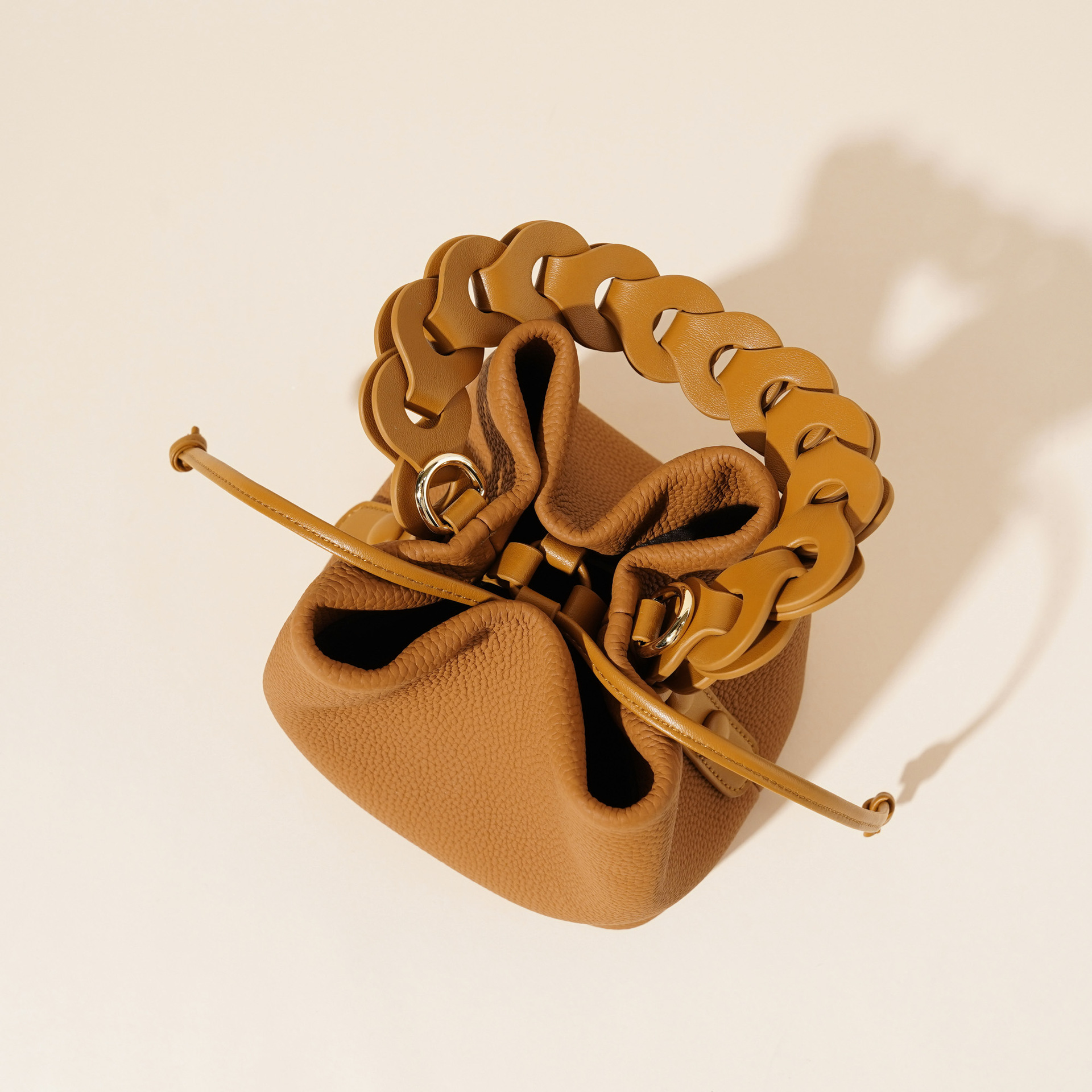 Genuine Leather Mini Bucket Bag with Braided Handle - Chic Drawstring view 4