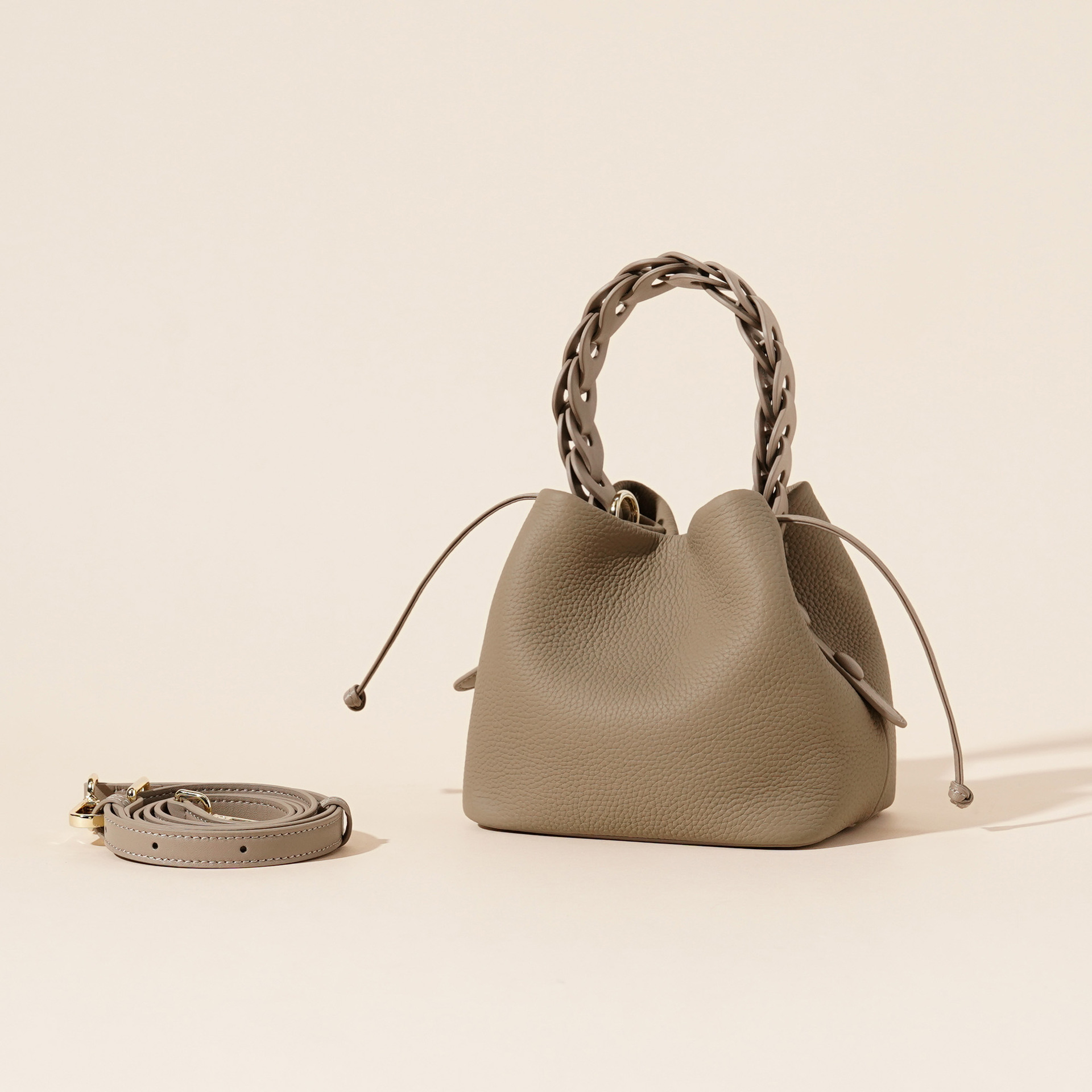 Genuine Leather Mini Bucket Bag with Braided Handle - Chic Drawstring
