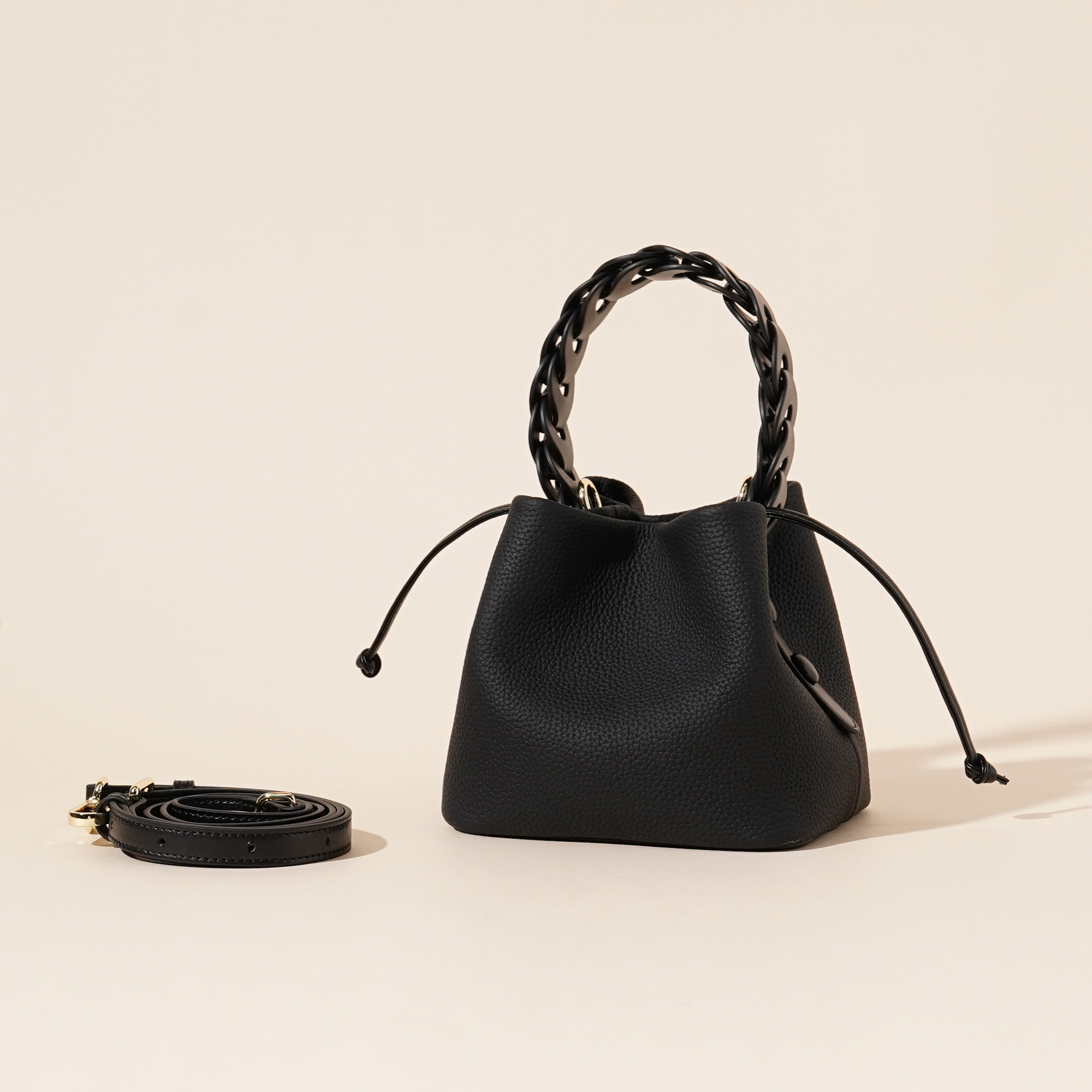 Genuine Leather Mini Bucket Bag with Braided Handle - Chic Drawstring