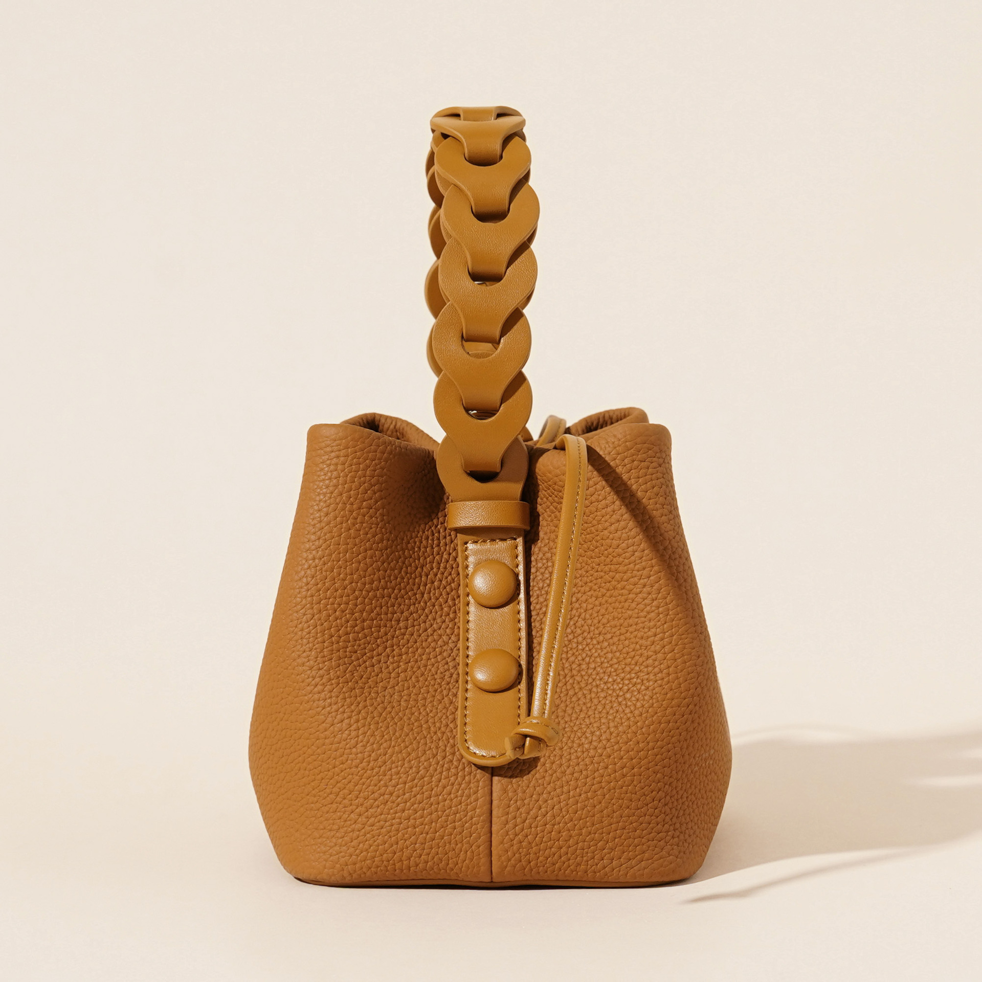 Genuine Leather Mini Bucket Bag with Braided Handle - Chic Drawstring view 2