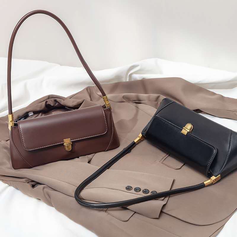 Brown Elegant Vintage Baguette Shoulder Bag - Chic PU Leather Underarm Purse view 3