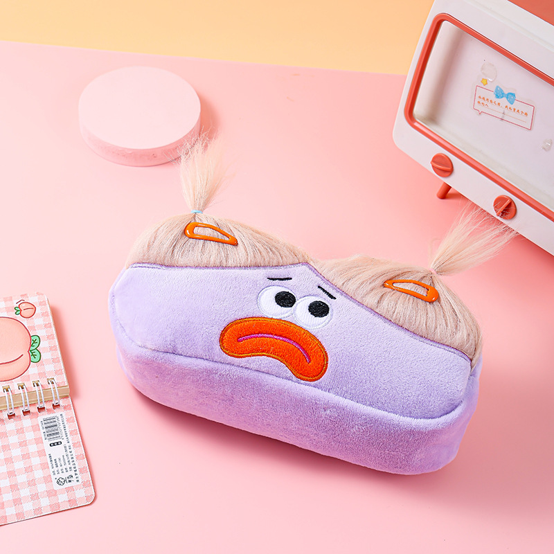 Purple and Blonde Hair Cute Plush Monster Pencil Case - Fluffy Stationery