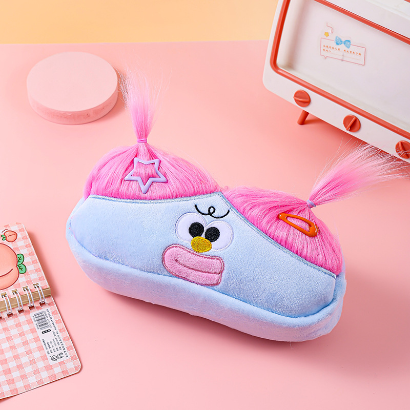 Blue and Pink Hair Cute Plush Monster Pencil Case - Fluffy Stationery Pouch