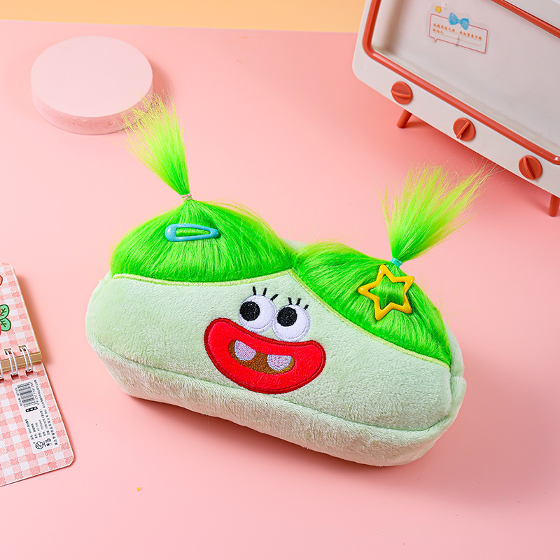 Light Green and Green Hair Cute Plush Monster Pencil Case - Fluffy Stationery
