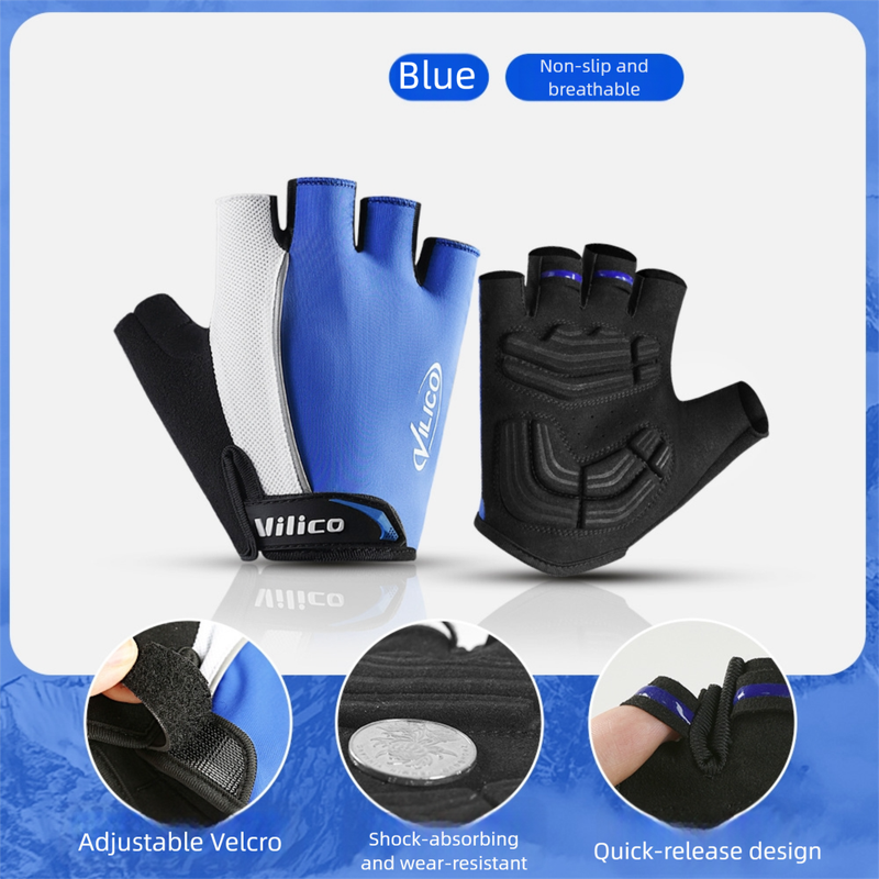 Size XL Blue Padded Half-Finger Cycling Gloves - Breathable Shock-Absorbing