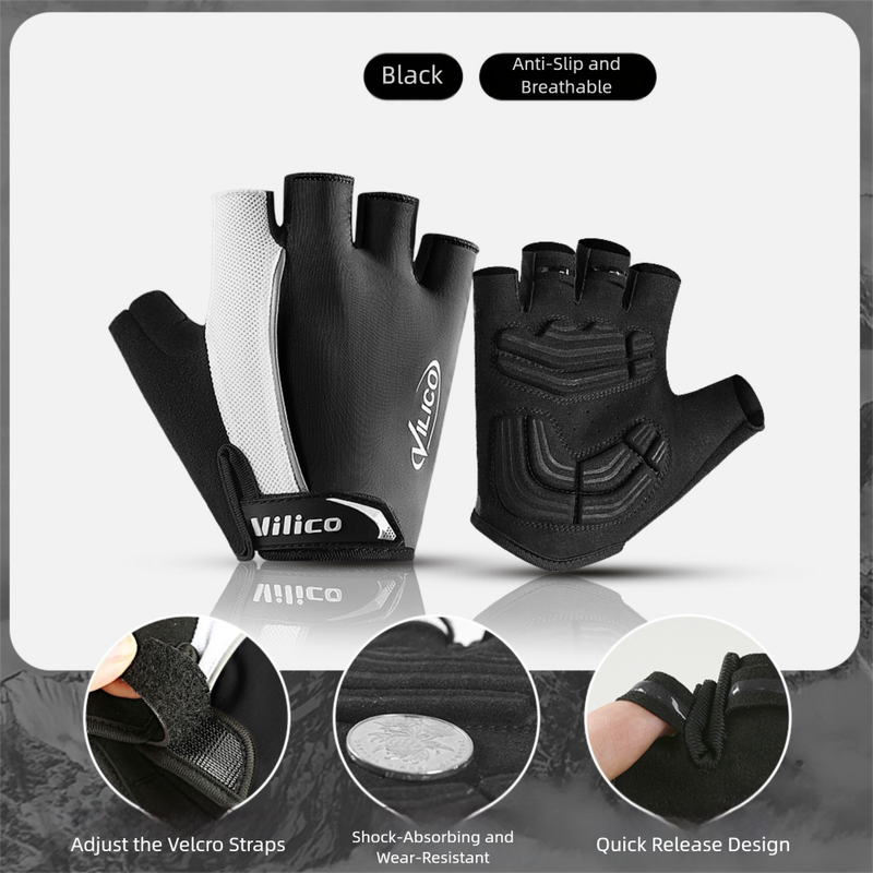 Size L Black Padded Half-Finger Cycling Gloves - Breathable Shock-Absorbing