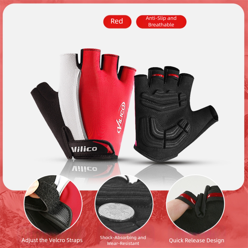 Size L Red Padded Half-Finger Cycling Gloves - Breathable Shock-Absorbing