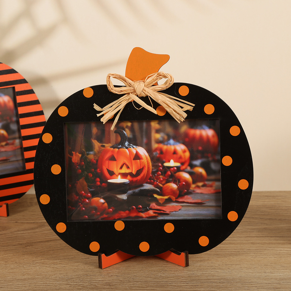 Black and Orange Polka Dot Pattern Festive Pumpkin Photo Frame - Rustic