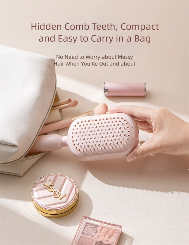 Pink Innovative Self-Cleaning Cushion Hairbrush - Retractable Bristle view 6