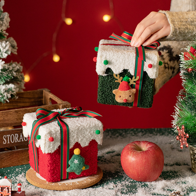 Red and Green Luxe Plush Christmas Gift Box - Decorative Holiday Treat Box view 2
