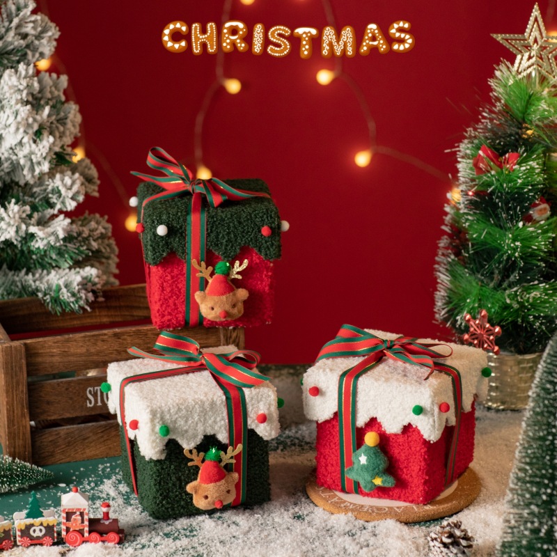 Red and Green Luxe Plush Christmas Gift Box - Decorative Holiday Treat Box view 3