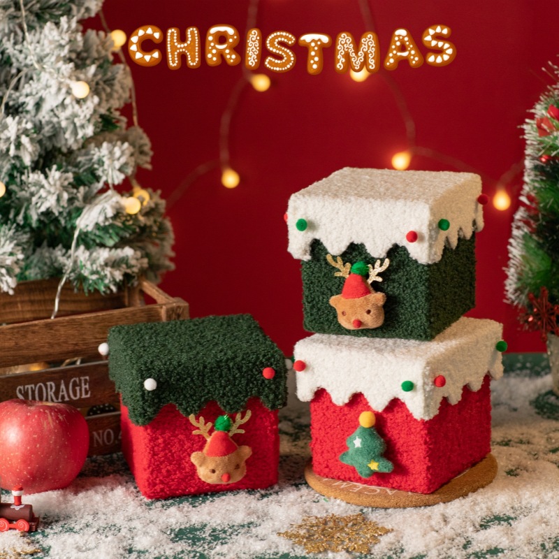 White and Green Luxe Plush Christmas Gift Box - Decorative Holiday Treat Box view 4