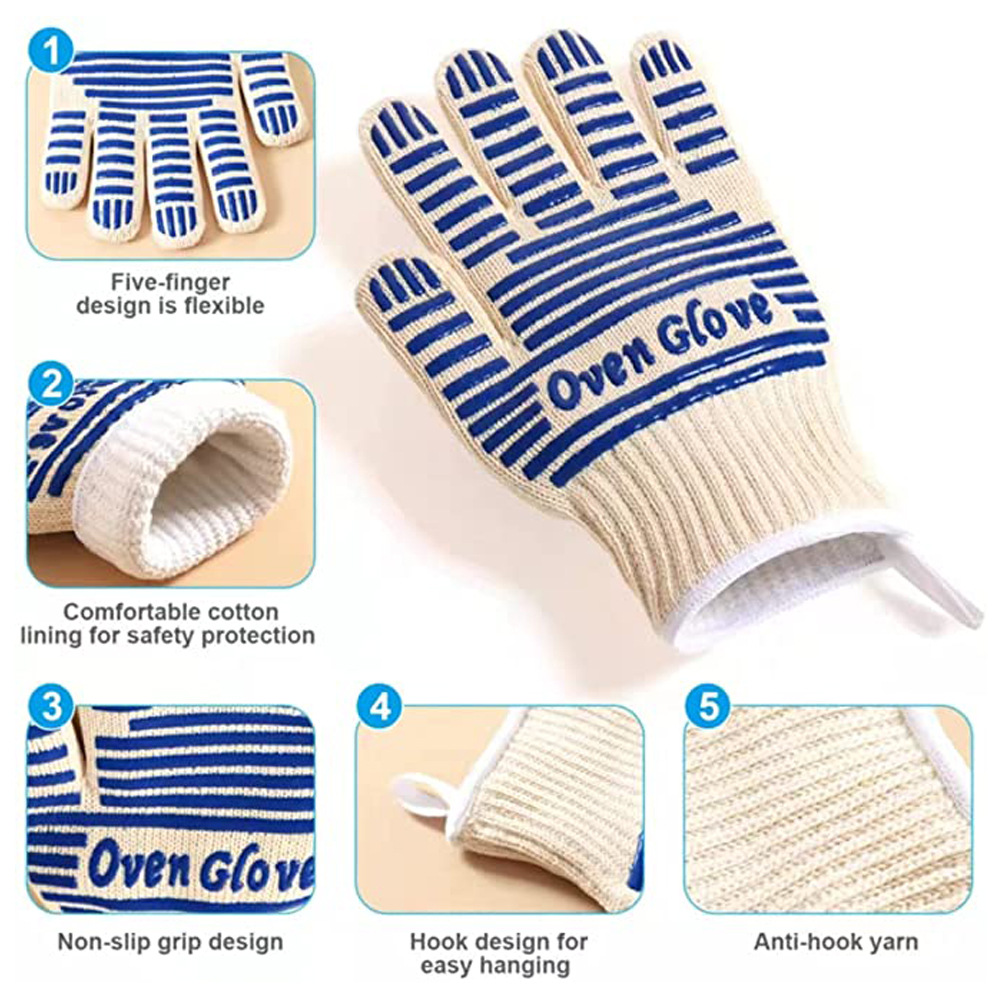 Blue and White Extreme Heat Resistant BBQ Gloves - Cut-Resistant Oven Mitts view 2