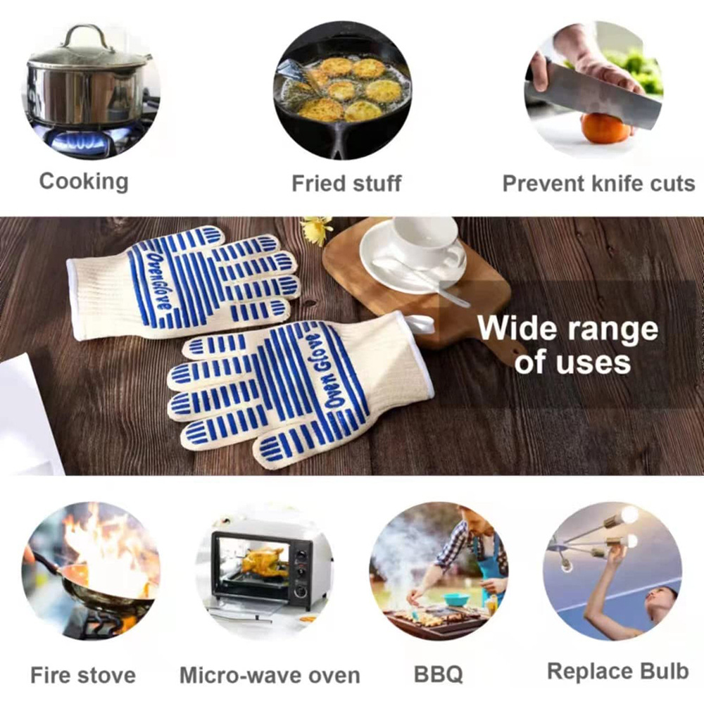 Blue and White Extreme Heat Resistant BBQ Gloves - Cut-Resistant Oven Mitts view 4