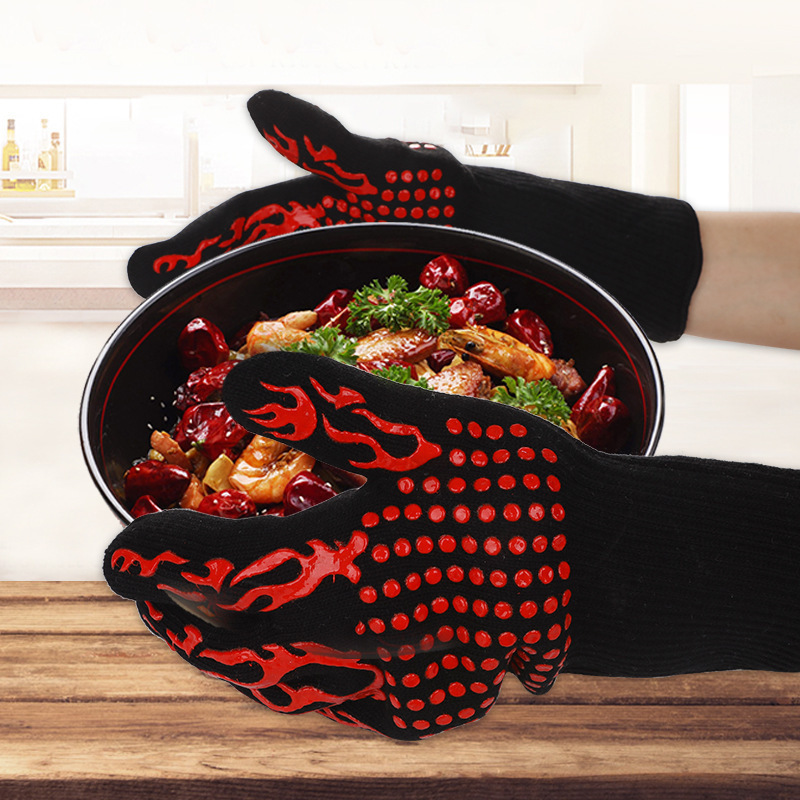 Red Flame Pattern Extreme Heat Resistant BBQ Gloves - 500°C Flame Design Oven view 8