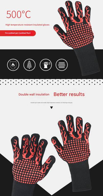 Blue Flame Pattern Extreme Heat Resistant BBQ Gloves - 500°C Flame Design Oven view 2