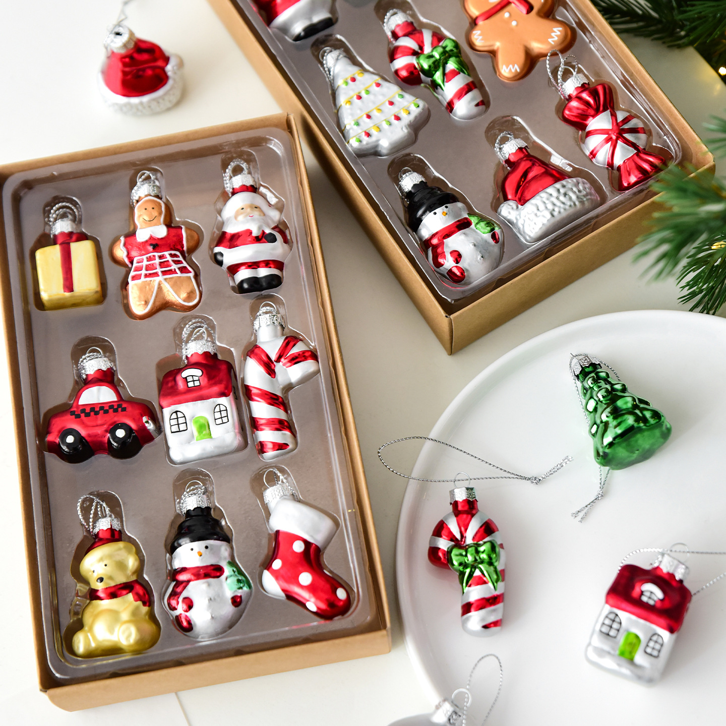Style A Colorful Charming Miniature Glass Christmas Ornament Set - 9pc Classic view 7