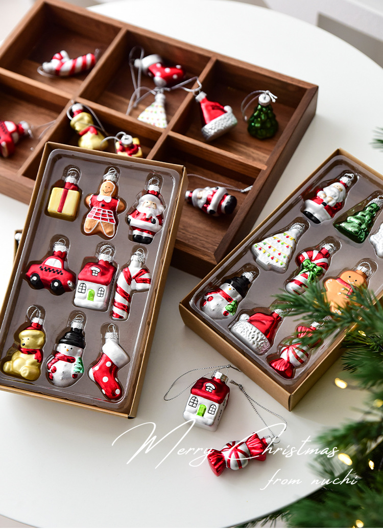 Style B Colorful Whimsical Miniature Glass Christmas Ornament Set - 9pc Retro view 5