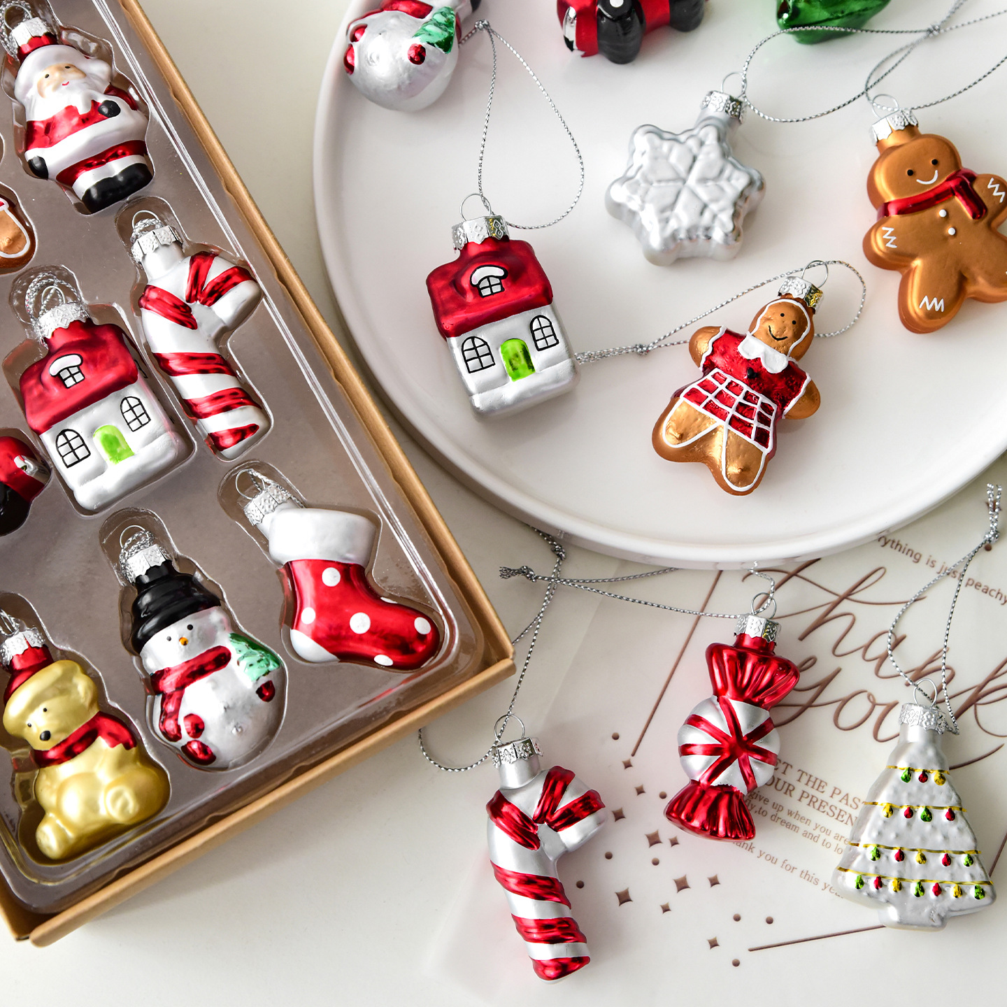 Style C Colorful Dainty Miniature Glass Christmas Ornament Set - 6pc Micro view 2