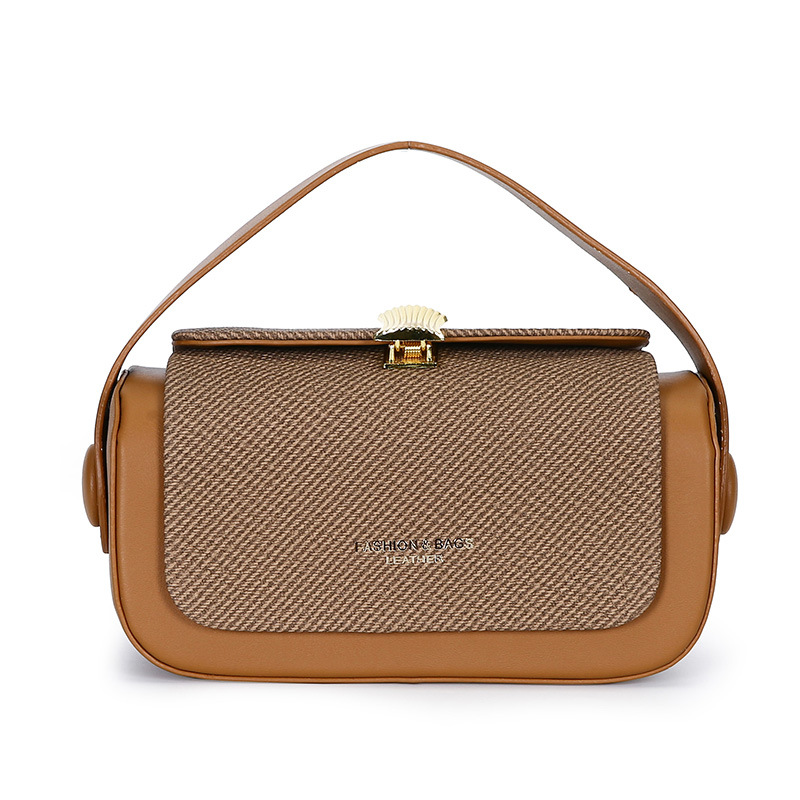 Brown Elegant Top Handle Crossbody Bag - Structured PU Leather Box Purse for Women view 2
