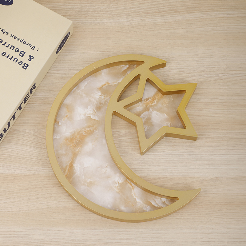 2 Pcs Gold Marble Effect Elegant Celestial Moon & Star Serving Tray - Gold