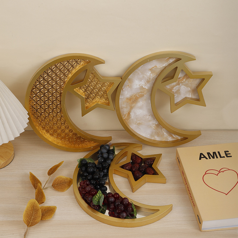 2 Pcs Gold Marble Effect Elegant Celestial Moon & Star Serving Tray - Gold view 3