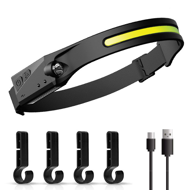 1 Piece Black Bright COB LED Headlamp with Motion Sensor - 230° Wide Beam for