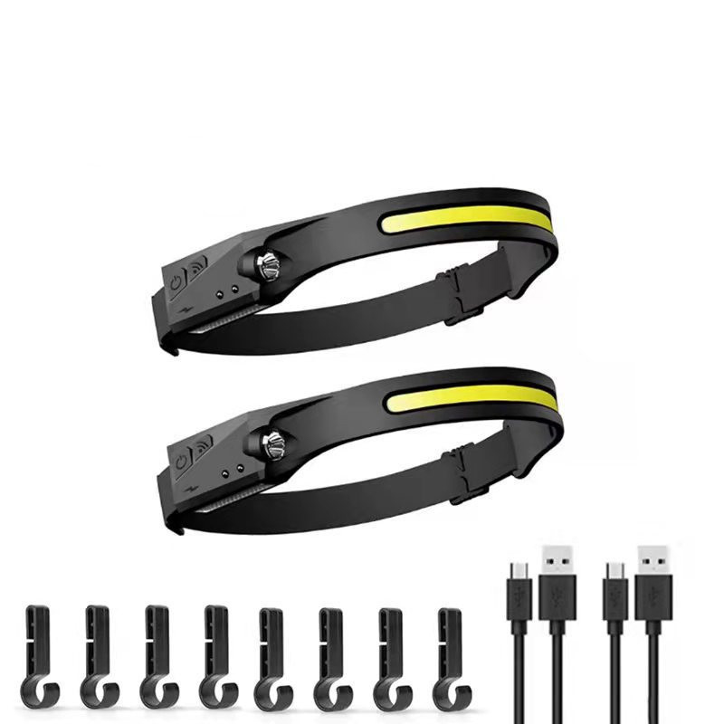 2 Pcs Black Bright COB LED Headlamp with Motion Sensor - 230° Wide Beam for